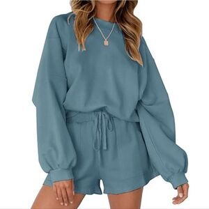 Merokeety Women's Teal Long Sleeve Pullover Top and Shorts Lounge 2-Piece Set